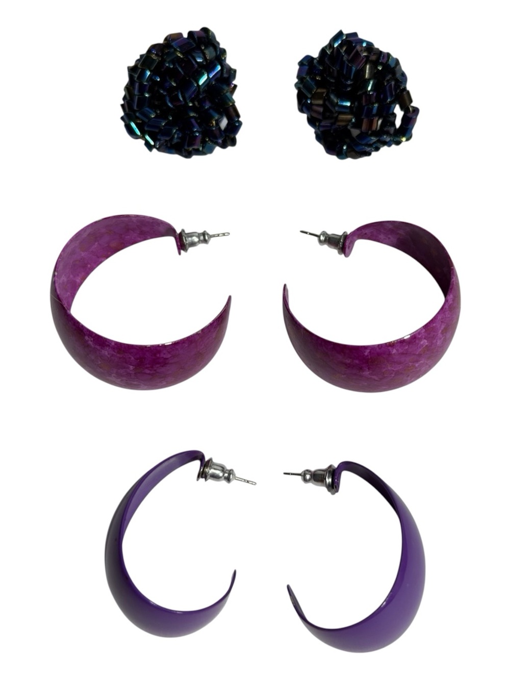 Purple & Oil Slick Earrings 3 pr Seed Bead Clusters Open Hoops Retro 80s 90s